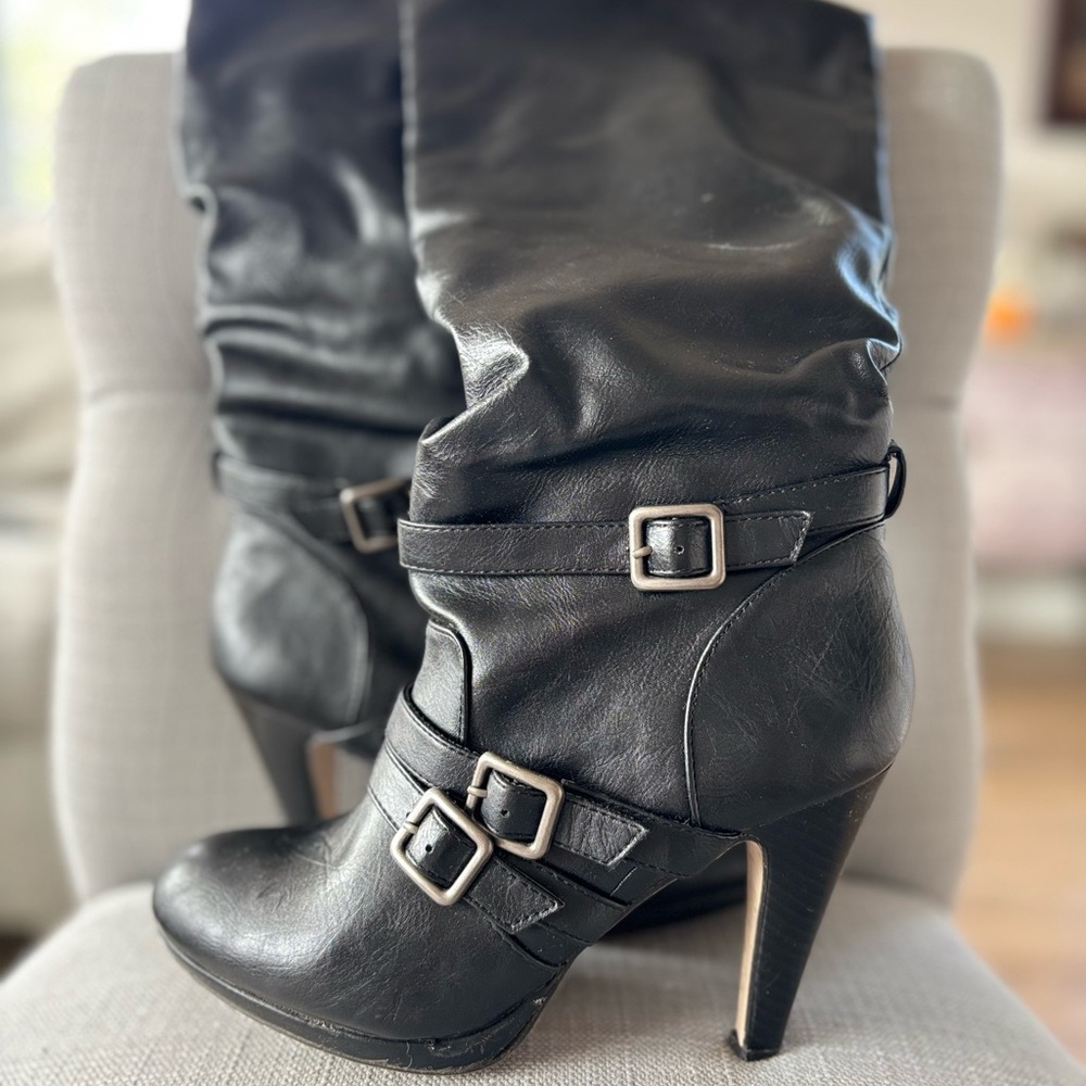 Madden Girl Black Heeled Boots with Buckle Straps
